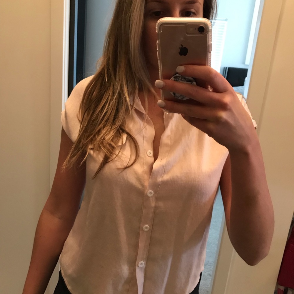 Short sleeve light pink button down blouse
